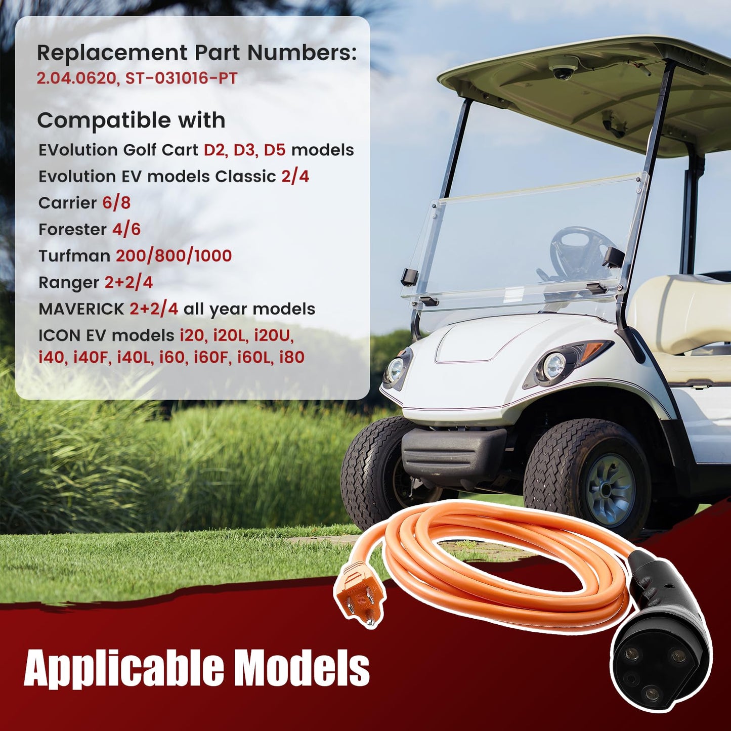 2.04.0620 Charging Power Cord Assembly Compatible with Evolution ICON Golf Carts,110V-240V 16A 3 pin Golf Cart Charge Plug and 10FT Cable,Replace OEM# 2.04.0620 ST-031016-PT, Plug and Play