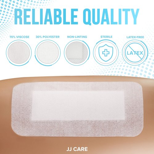 JJ CARE Adhesive Island Dressing [Pack of 50], 4” x 8” Sterile Bordered Gauze, Breathable Island Wound Dressing, Individually Wrapped Adhesive Gauze Bandages with Non-Stick Central Pad