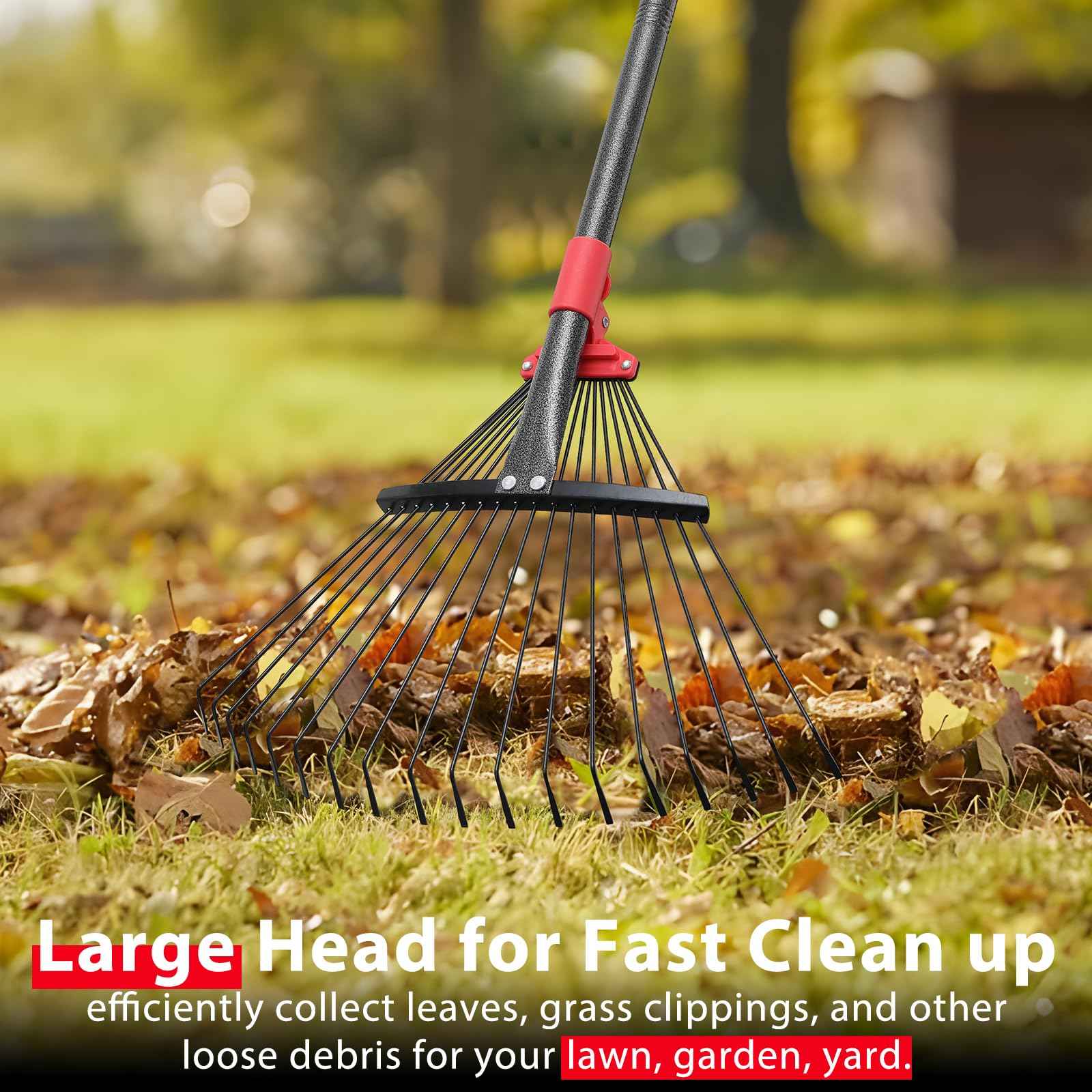 Rake, Adjustable Rakes for Leaves with 9”-17” Head, Rakes for Lawns Heavy Duty, 60 in Garden Rake with 18 Clog-Free Tines, Long Handle, Metal Gardening Tool, Fast Cleanup, Easy Carry for Camping