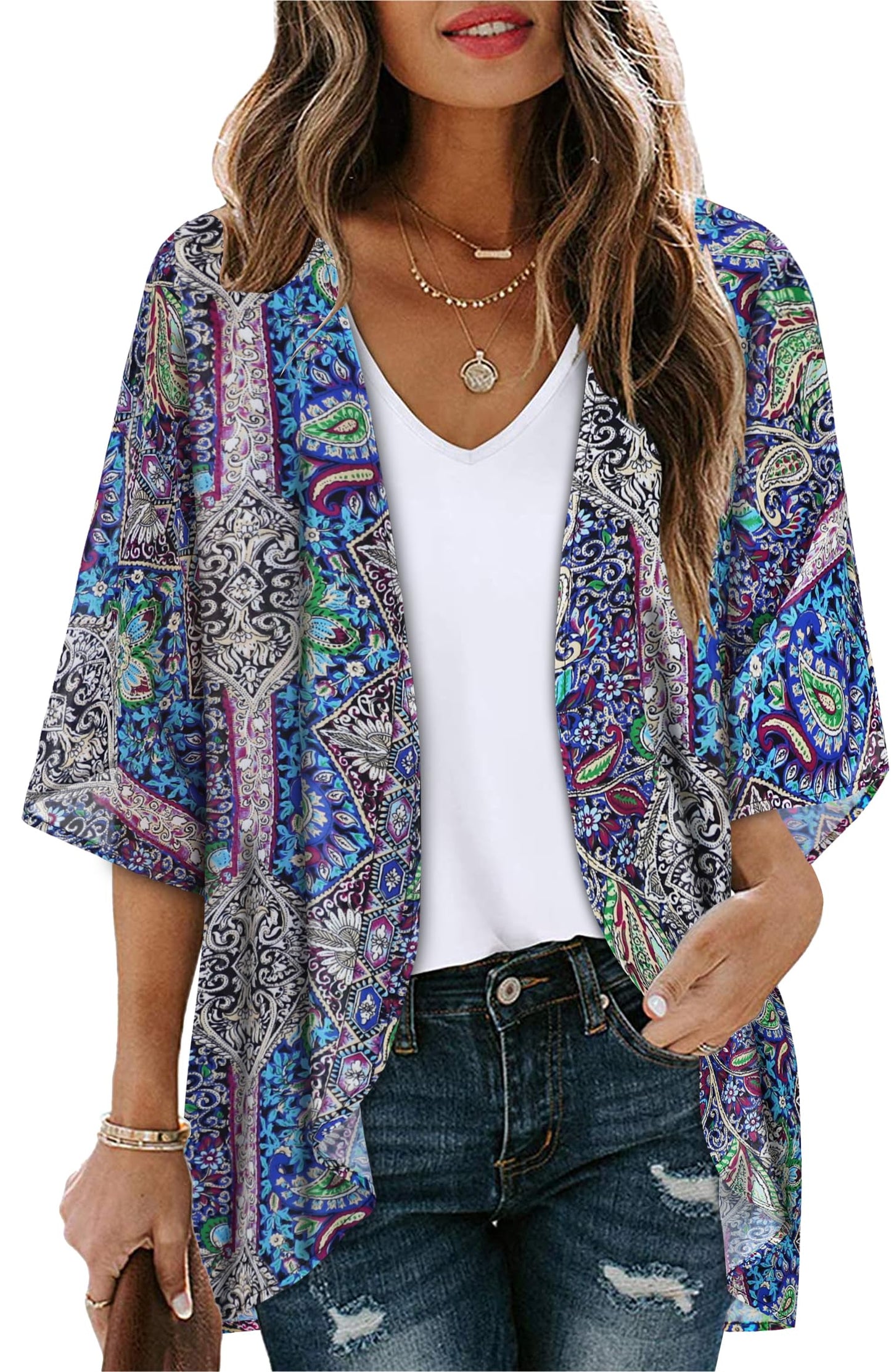 Women's Floral Kimono Print Puff Sleeve Loose Cardigan Cover Up Casual Blouse Tops (Blue Purple Bohemia Print, 2XL)