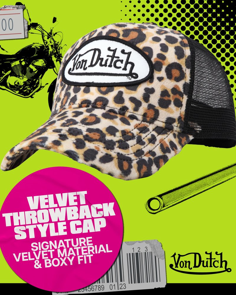 Von Dutch Unisex Trucker Hat - Velvet Curved Bill Mesh Back Retro Classic Adjustable Snapback Baseball Cap for Men and Women, Size One Size, Natural Leopard