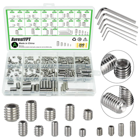300 Pcs 24 Size Set Screws Assortment Kit (M3, M4, M5, M6, M8) Metric & SAE Allen Set Screws for Bathroom Fixture Metric Bolt Assortment for Door Knobs, Faucets, Plumbing