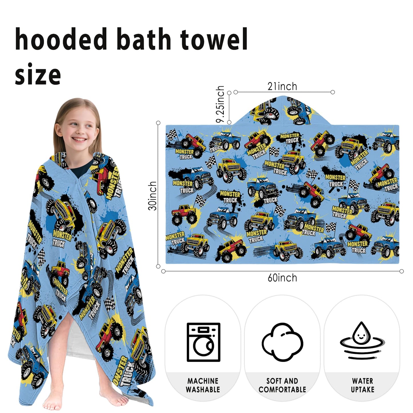 Fiwbnasz Truck Hooded Beach Towel for Kids, Monster Hooded Towels for Toddlers 30" x 50", Kids Beach Towels for Pool, Travel, Swim, Cars Wearable Bath Towel for Boys, Teens