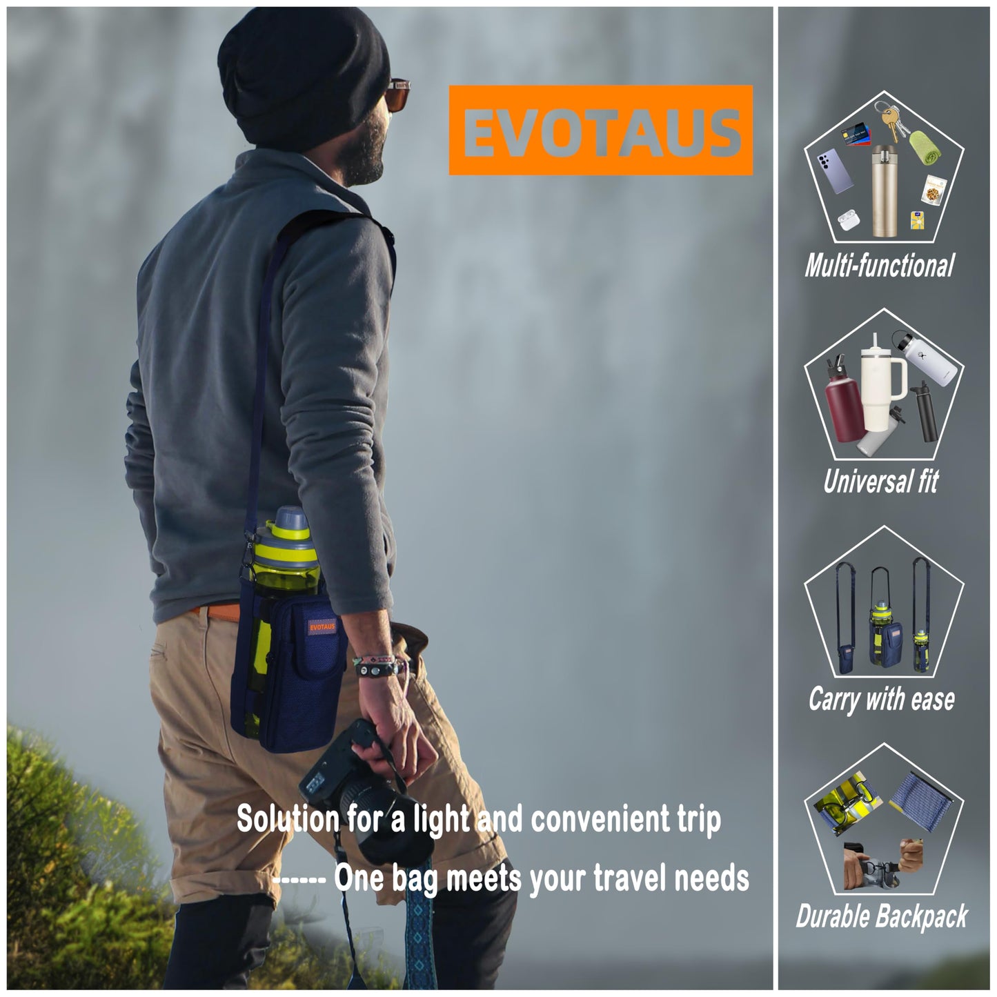 EVOTAUS Detachable Water Bottle Holder with Strap & Tactical Pouch, MOLLE Bottle Carrier Sling, Manual Strap Adjustment for Perfect Fit of Most 18-64 oz Bottles, Black