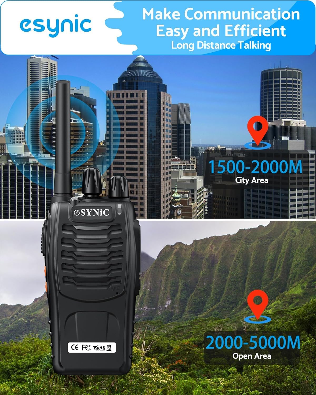 eSynic 6 Pack Long Range 3 Miles Walkie Talkies-FRS462 License-Free-2 Way Radio Rechargeable with 16CH-VOX Hand Free-LED Flashlight-1500mAh Battery – Rainproof for Family Camping Hiking Business