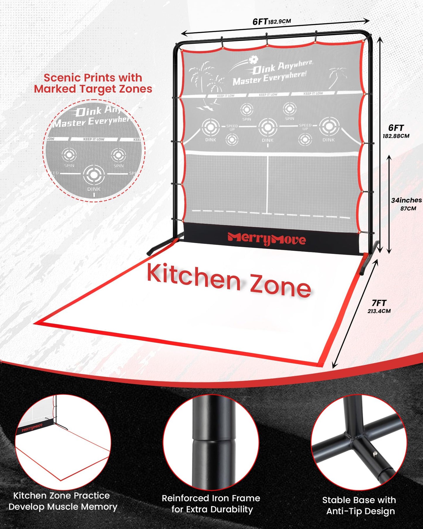MerryMove Pickleball Rebounder Practice Net: 6FT Strong Metal Frame Pickleball Trainer Net, Portable for Outdoor Driveway Backyard and Indoor Garage Training Rebounder for Dink Volley Tennis