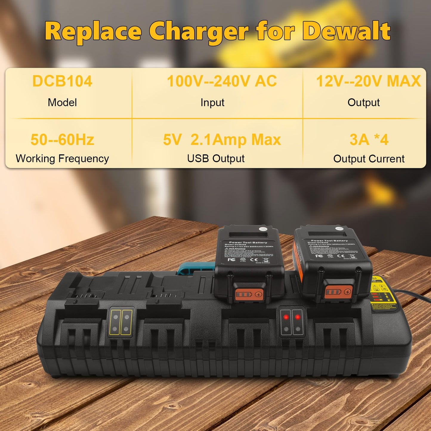 DCB104 4-Port Fast Charger for DeWalt 20V/60V Max Battery, with USB Port Compatible with DeWalt Battery 20V/60V DCB206 DCB208 DCB205 DCB606 DCB609Y DCB612 & Charger DCB104 DCB107 DCB115 DCB118