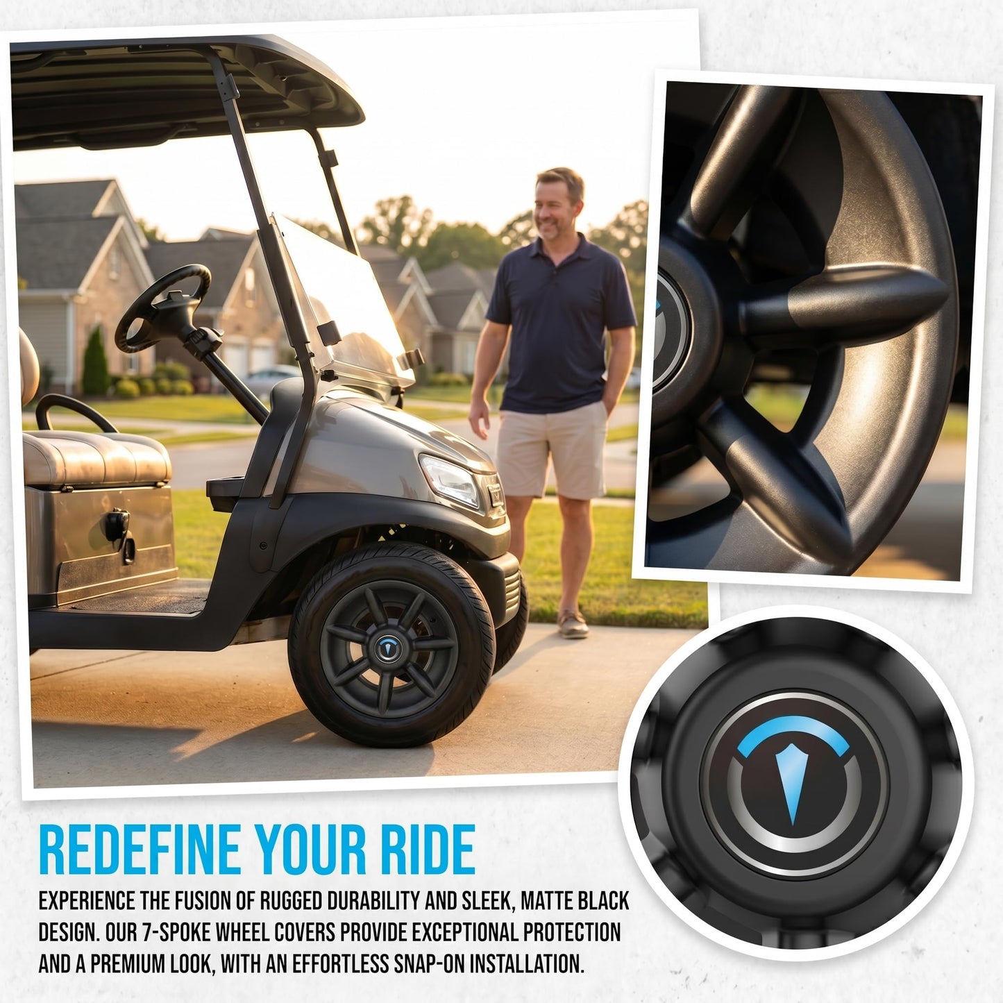 TakeLook Golf Cart Wheel Covers 10 Inch, Improved 7 Spoke Hub Caps for Club Car/E-Z-GO/YA/Star Car/Excar/Icon and Other Most Models Golf Cart, Matte Black, ABS Material