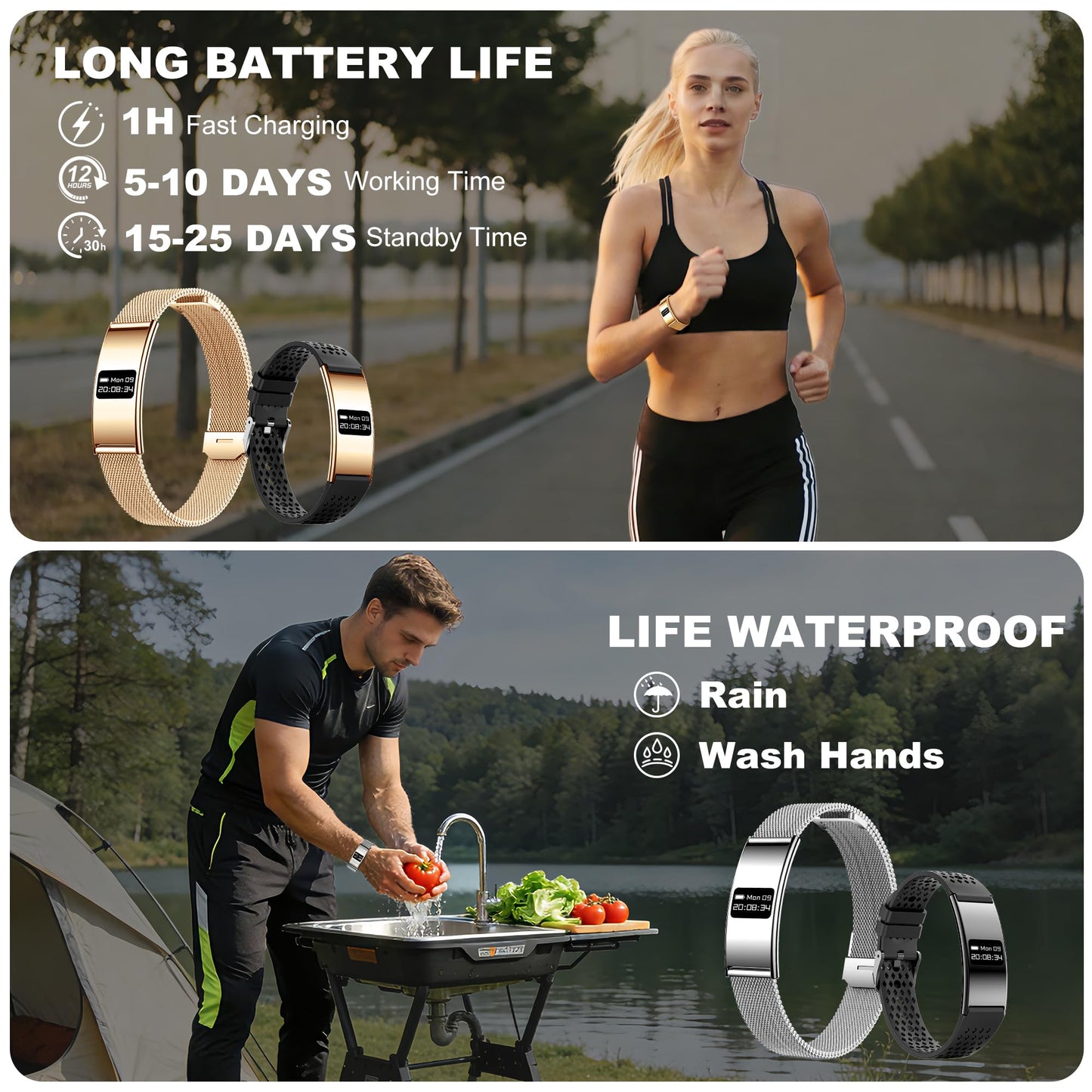 Irondance Smart Bracelet for Women Men, Activity & Fitness Trackers/SpO2/Heart Rate/Sleep Stress/1ATM Waterproof,Automatic Monitoring Wearable Fitness Tracker with Free App,2 Bands
