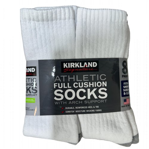 KIRKLAND Signature Men's Athletic Full Cushion Sock With Arch Support, 8 Count (US, Alpha, Large, Regular, Regular, White)