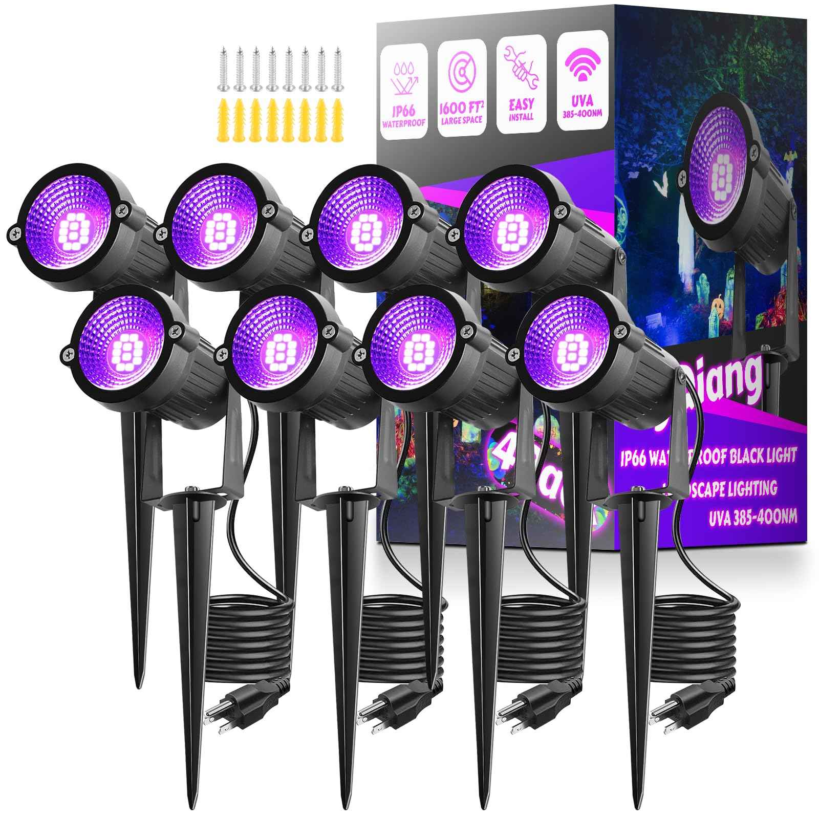 8 Pack Black Lights, IP66 Flood Light 15W LED Blacklight Glow Party Outdoor Spotlight with On/Off Switch + Plug + Metal Stakes for Landscape Lighting, Xmas, Body Paint, Fluorescent Poster, Halloween