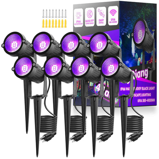 8 Pack Black Lights, IP66 Flood Light 15W LED Blacklight Glow Party Outdoor Spotlight with On/Off Switch + Plug + Metal Stakes for Landscape Lighting, Xmas, Body Paint, Fluorescent Poster, Halloween