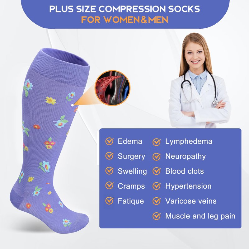 LEVSOX Wide Calf Compression Socks for Women Men Plus Size 15-20 mmHg Extra Large Knee High Support Sock for Nurses Pregnant Travel