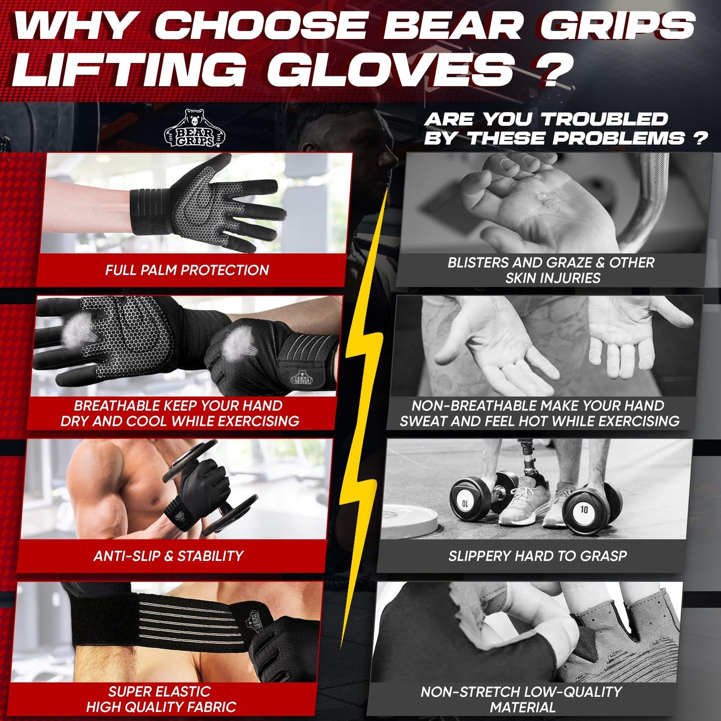 Bear Grips Weight Lifting Armor Gloves for Men & Women | Full Finger Lifting Armor & Workout Gloves (Black-Full Finger, Large)