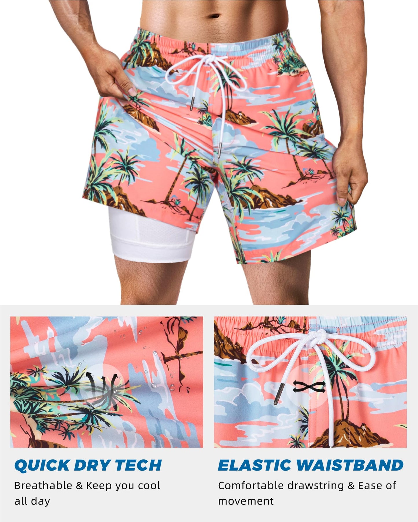 SURF CUZ Mens Swim Trunks with Compression Liner Quick Dry Swim Shorts 7" Swimming Trunks Stretch Bathing Suit 7 Inch,Twilight Beach,M