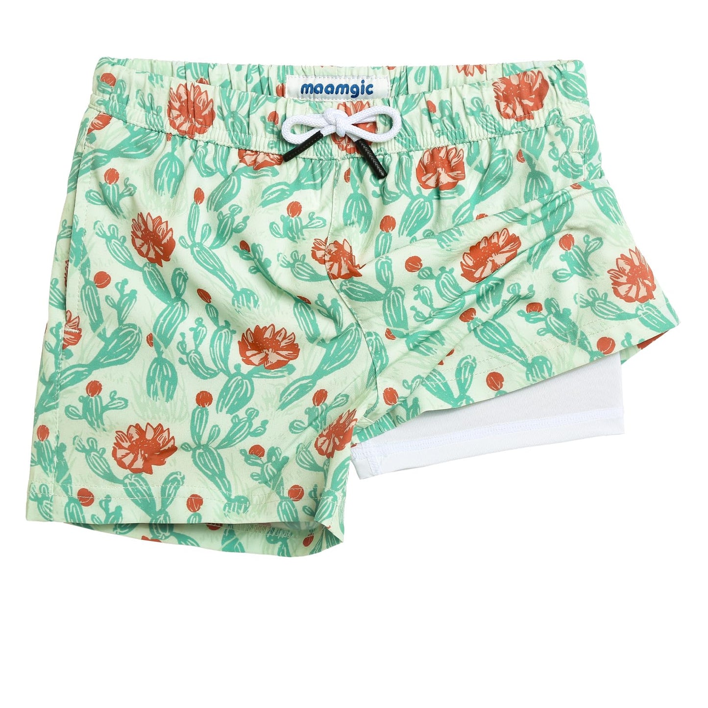 maamgic Boys Swim Trunks with Compression Liner 4-Way Stretch Quick Dry Swim Shorts Swimming Trunks Toddler Boy Cactus Flower Green 8 Years