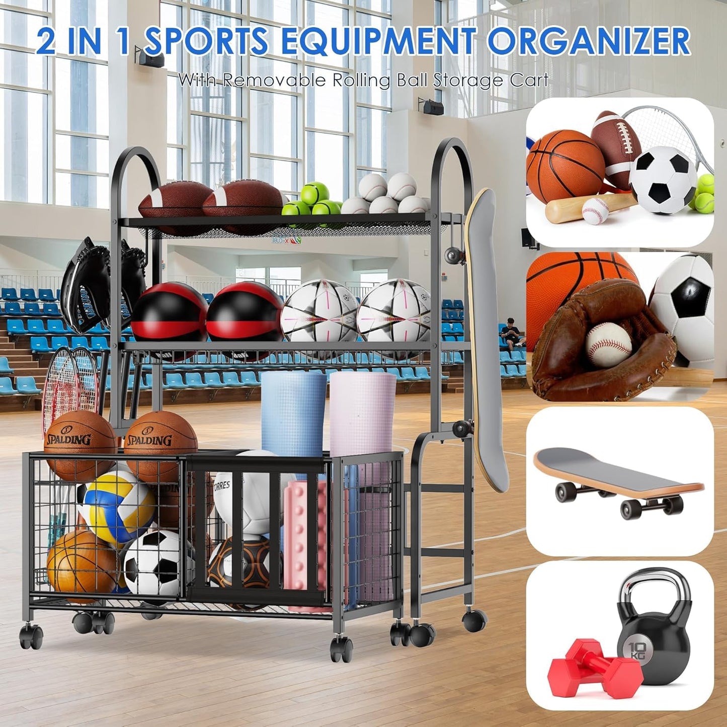FULOOPHI Garage Ball Storage, 2 in 1 Sports Equipment Organizer, Garage Organizer with Basket and Hooks, Individually Movable Rolling Sports Ball Organizer Cart, Black