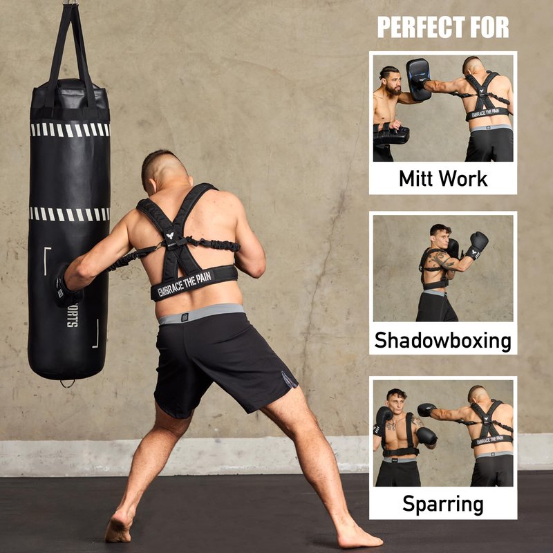 Elite Sports Adult Boxing Harness with 12oz Gloves – Adjustable Resistance Bands (3 Levels), Stability Strap, Padded Back & Shoulder, Ballistic Nylon, Quick-Release Buckle – Training & Workout Gear