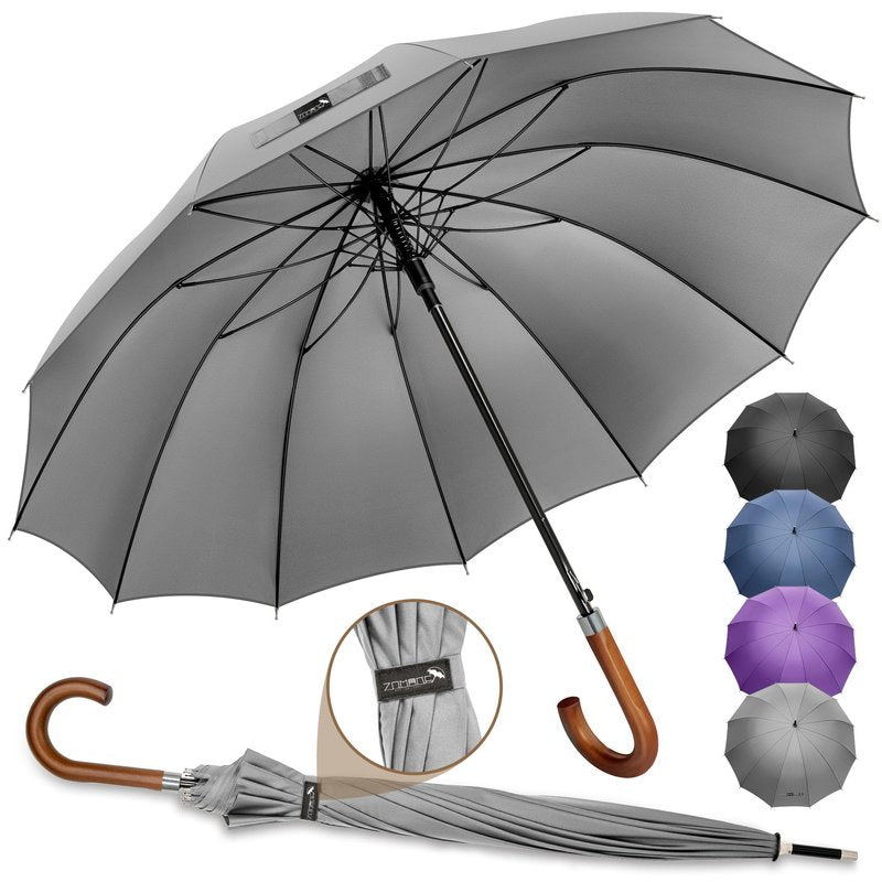 ZOMAKE Stick Umbrella Wood Handle,Cane Walking Classic Umbrellas for Men Women,12 Ribs Stick,55 Inch(Light Grey)