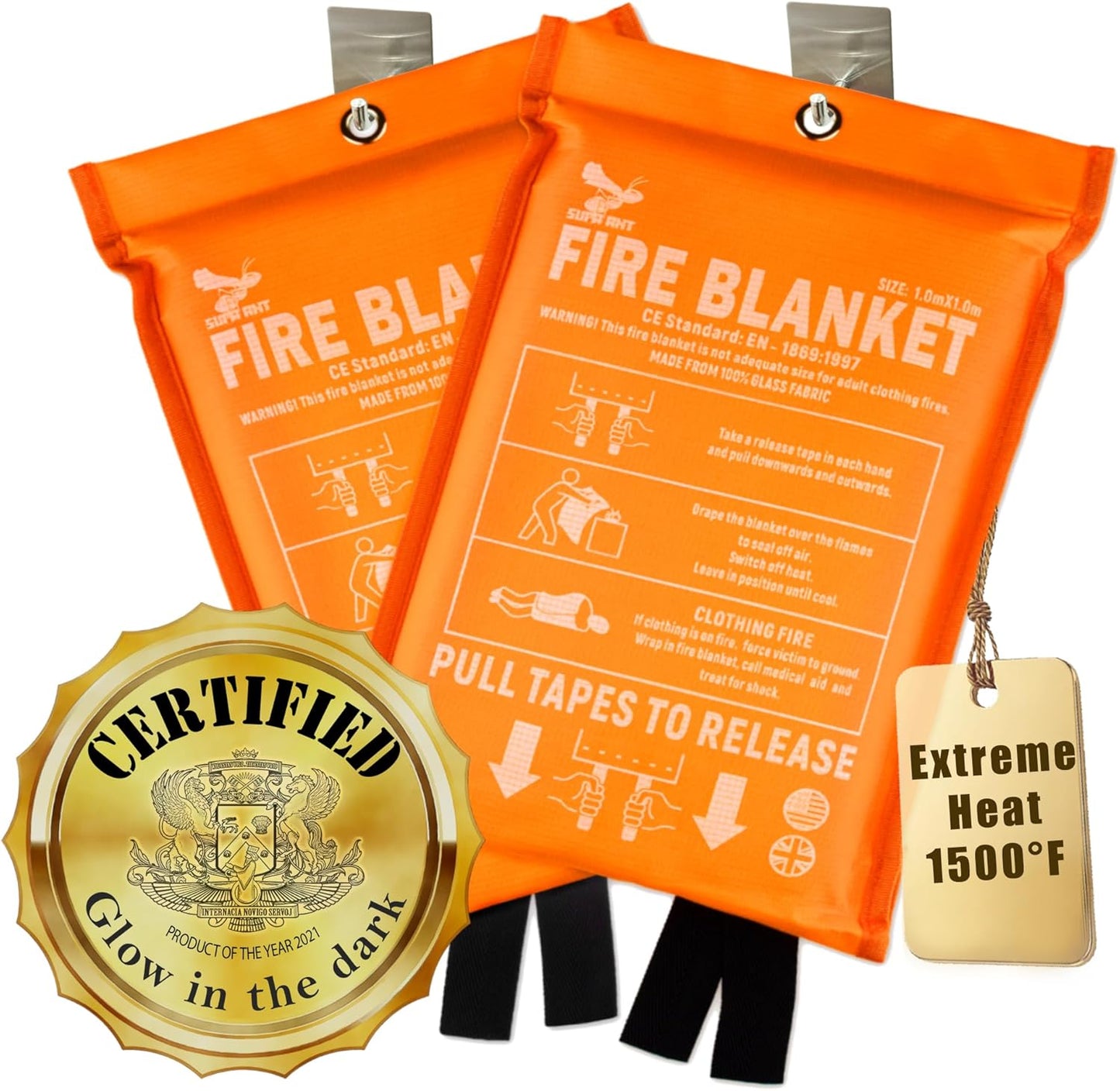 Supa Ant Fire Blanket - 1500°F CE Certified Emergency Fire Safety Solution | 2-Pack (40x40 Inches)