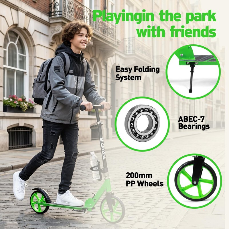 Scooter for Kids Ages 6+, Teens & Adults, Max Load 240 LBS, Foldable Kick Scooter with 8-inch Big Wheels, Kickstand, 3 Adjustable Levels, Rear Brake, Black