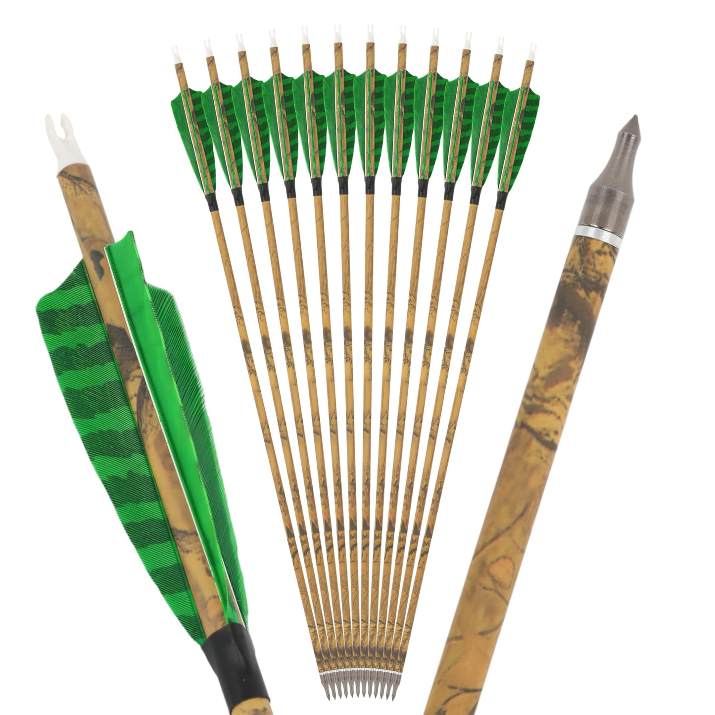 ZSHJGJR 30” Carbon Arrows Hunting Arrows with 4” Turkey Feather Removable Tips Archery Targeting Practice Arrows 500 Spine for Compound & Recurve & Traditional Bow 6/12pcs (12, Green)