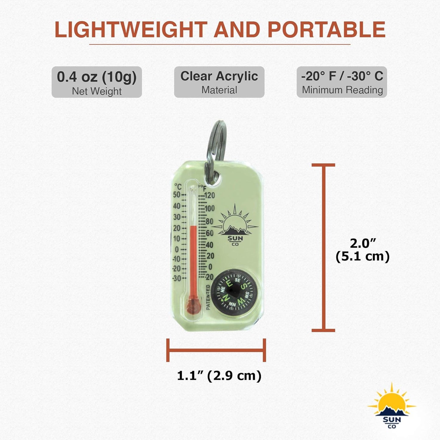 Sun Company LumaGage | Glow-in-The-Dark Zipper Pull Compass & Thermometer | Perfect for Camping & Hiking