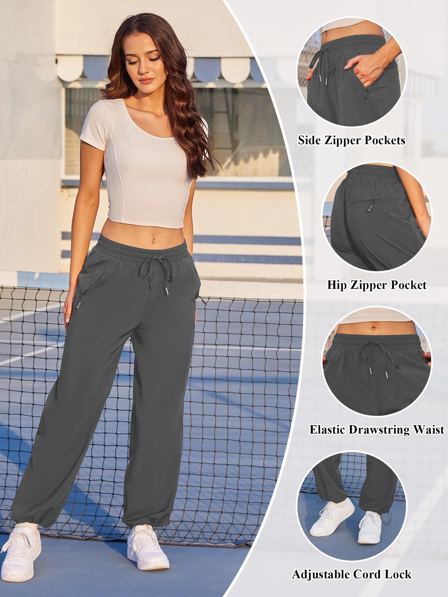 JEKAOYI Womens Athletic Hiking Pants Lightweight Quick Dry Water Resistant Elastic Waist Cargo Pants with Zipper Pockets Grey