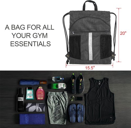 BeeGreen X-Large Drawstring Backpack | Black Gym Bag with Shoe Compartment for Sports