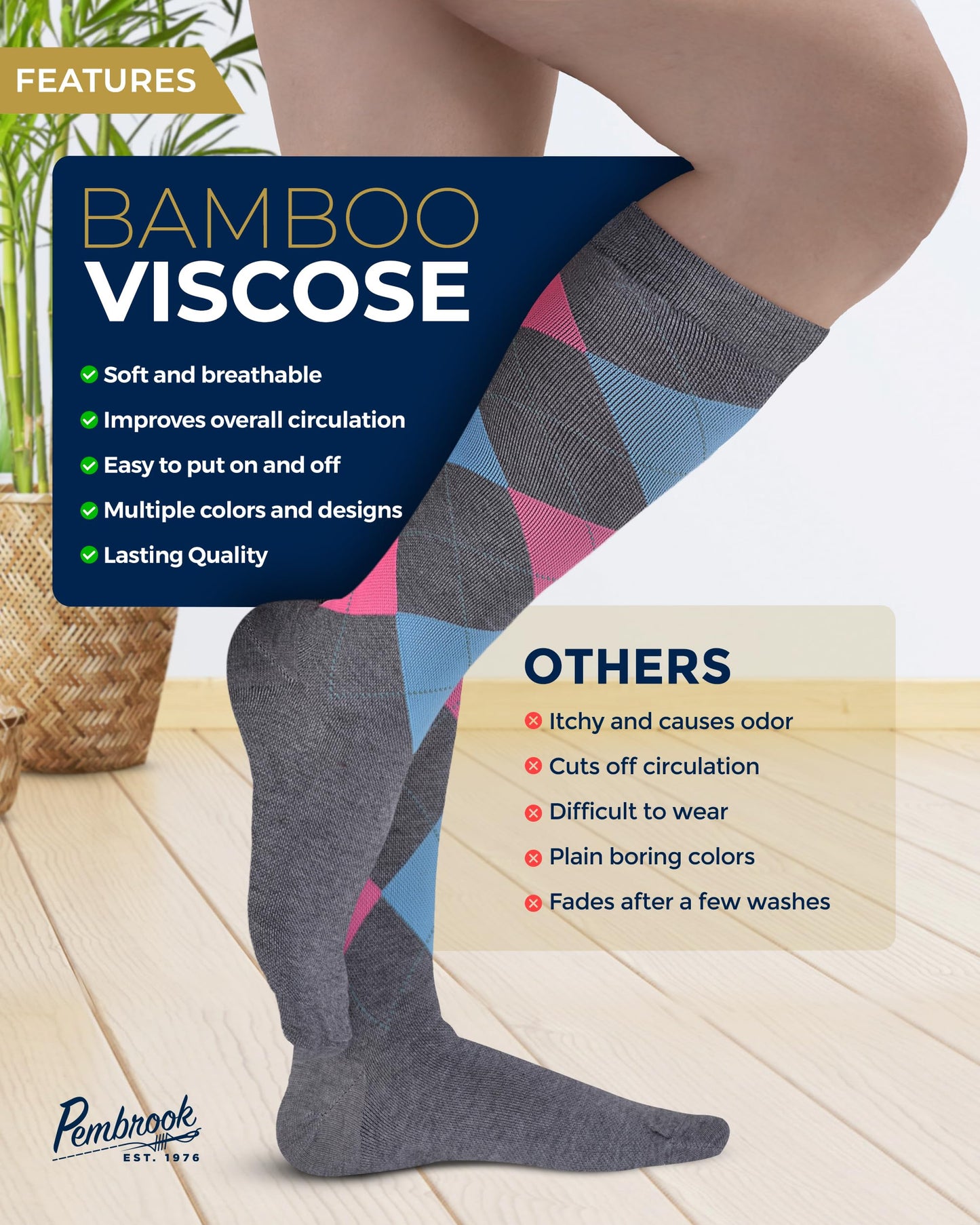 Pembrook Bamboo Viscose Light Compression Socks - 3 Pairs | 8-15 mmhg Compression Socks | Knee High Comfort Support Socks