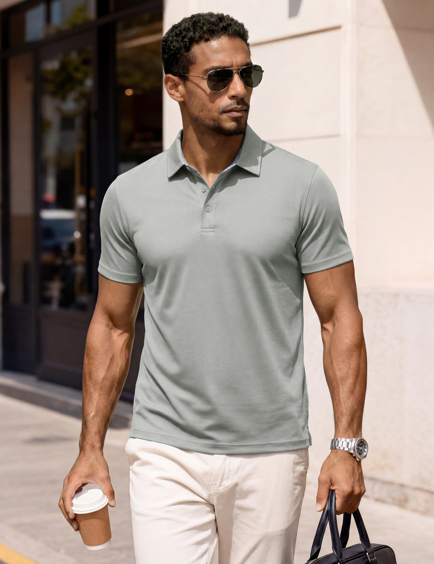 MAGCOMSEN Mens Short Sleeve Shirts Golf Polo Shirts Cotton Pique Polo Work Shirt Classic Casual Shirt Button Down Collar Shirt Light Grey, XL