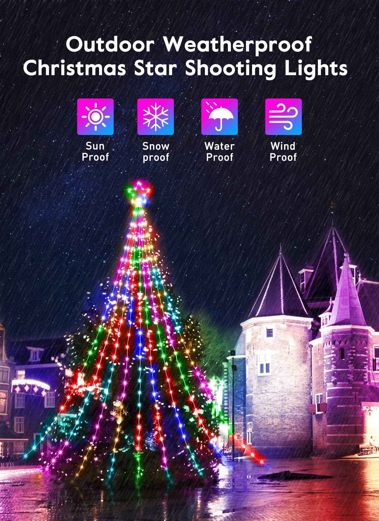 Outdoor Christmas Star String Lights, 16.4Feet 317LED Smart RGB Waterfall Tree String Light with APP Remote Control, DIY Timer Music Sync Shooting Star Lights for Indoor Outdoor Garden Decoration