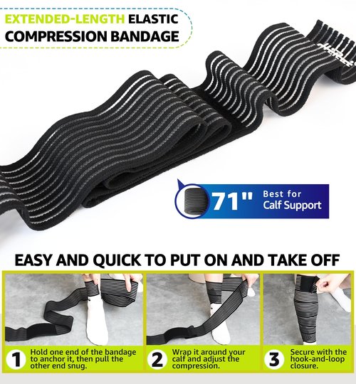 HiRui Calf Compression Wraps, 71" Adjustable Elastic Bandage Sleeves, Lower Leg Calf Support for Men & Women, Shin Splints Relief, Varicose Veins, Fitness, Running, Basketball, Soccer (2, Black)