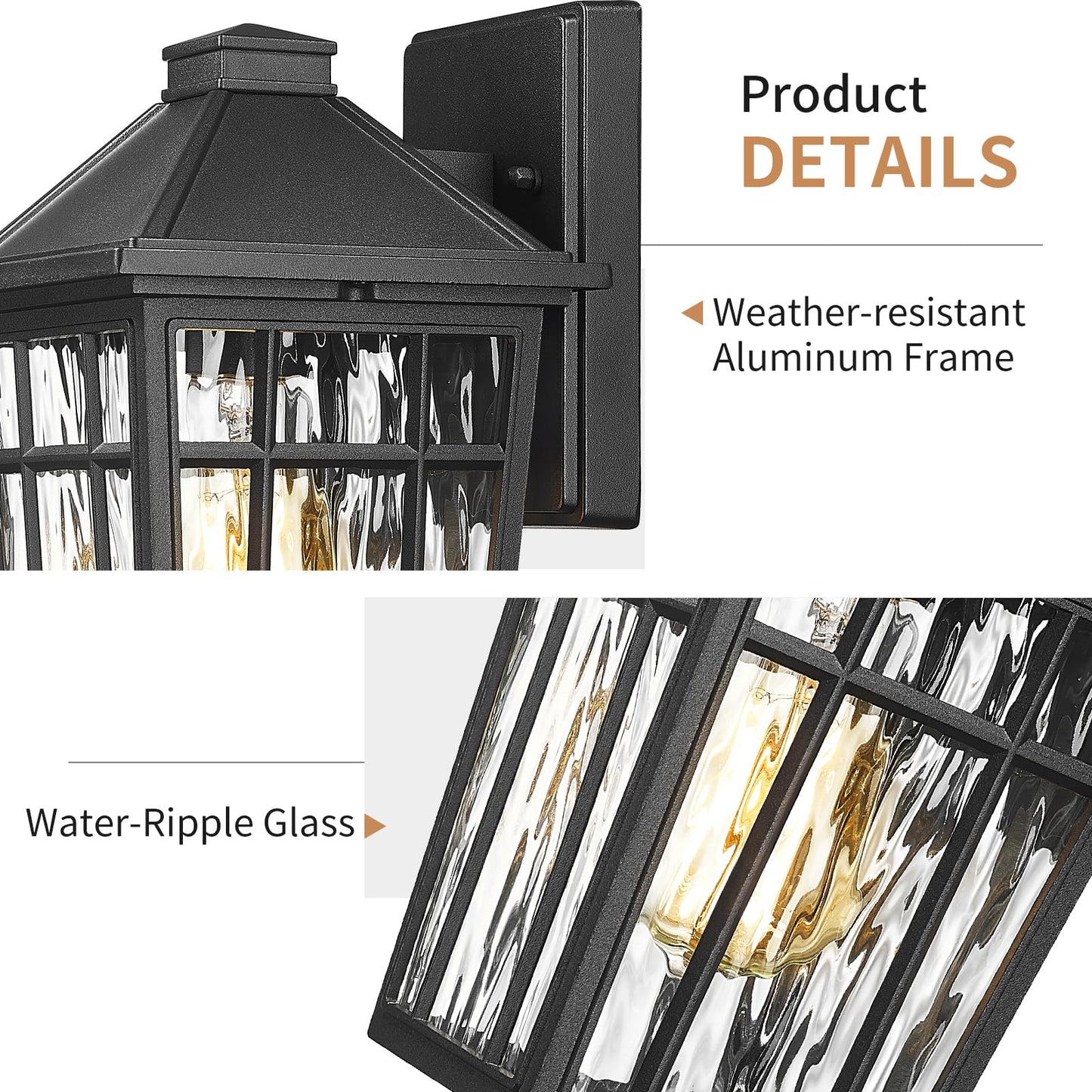 Darkaway Outdoor Wall Lights for House, 2pcs Exterior Lighting Fixtures Wall Mount Porch Lights Waterproof Outdoor Sconce Lights with Water Ripple Glass for Patio Hallway Garage