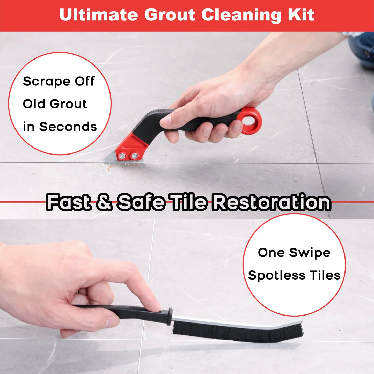 Grout Removal Tool Kit - 2 Scrapers, 6 Blades & 2 Cleaning Brushes for Tile Grout Cleaning, Grout Scraper Tool for Bathroom, Kitchen, Floor Tiles - Durable & Easy to Use