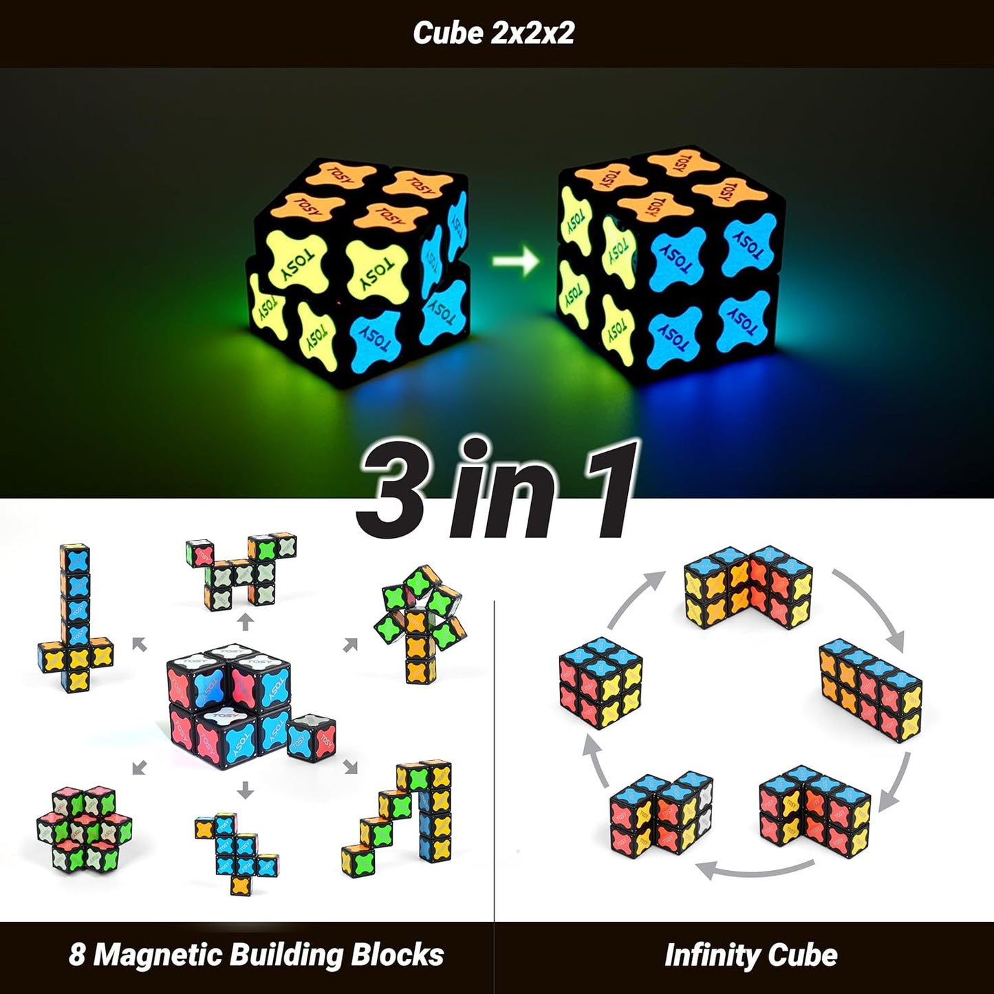 TOSY Magnet Cube 2x2 - 2-in-1 Puzzle & Infinity Cube | Glow with UV Flashlight, Perfect Easter Gift for Kids