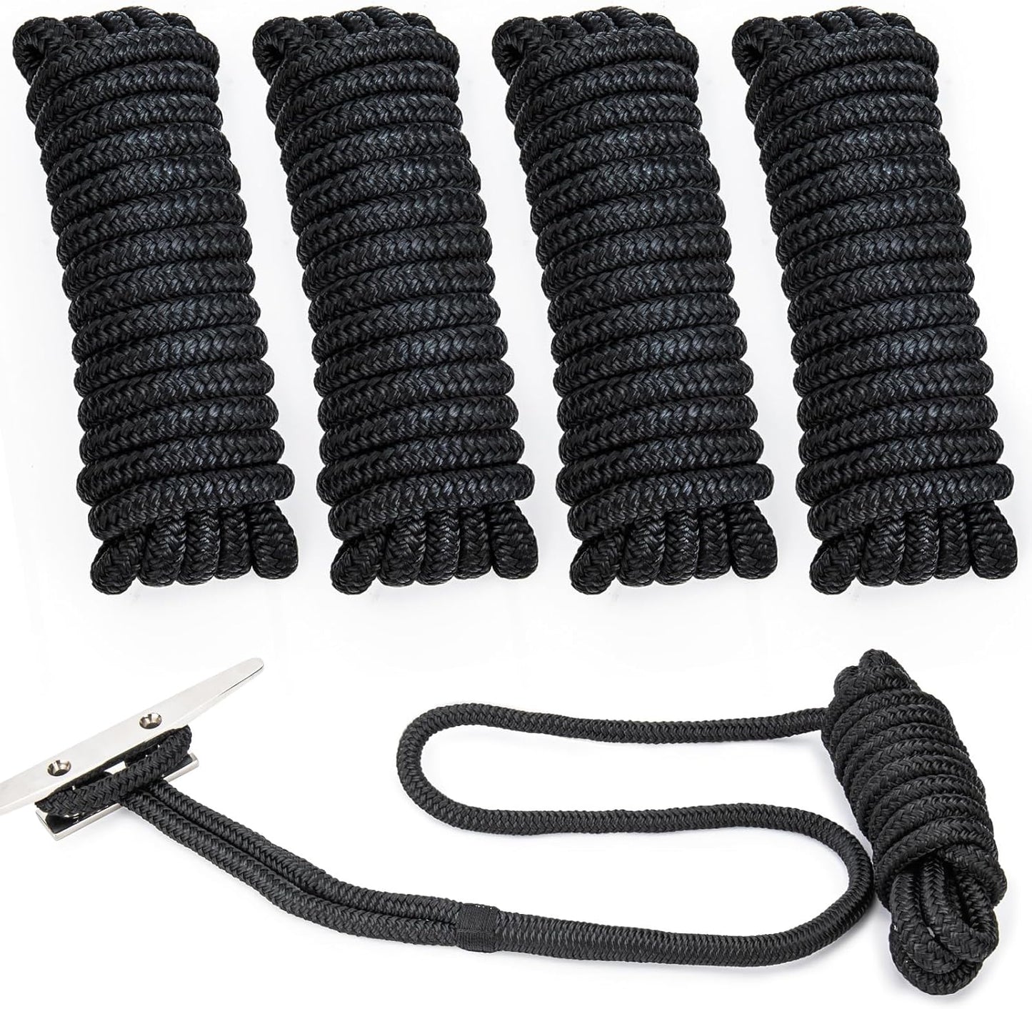 Premium Marine-Grade Dock Lines by [Brand Name] | 4 Pack 1/2" x 15’ Double Braided Nylon with 12" Eyelet - Black