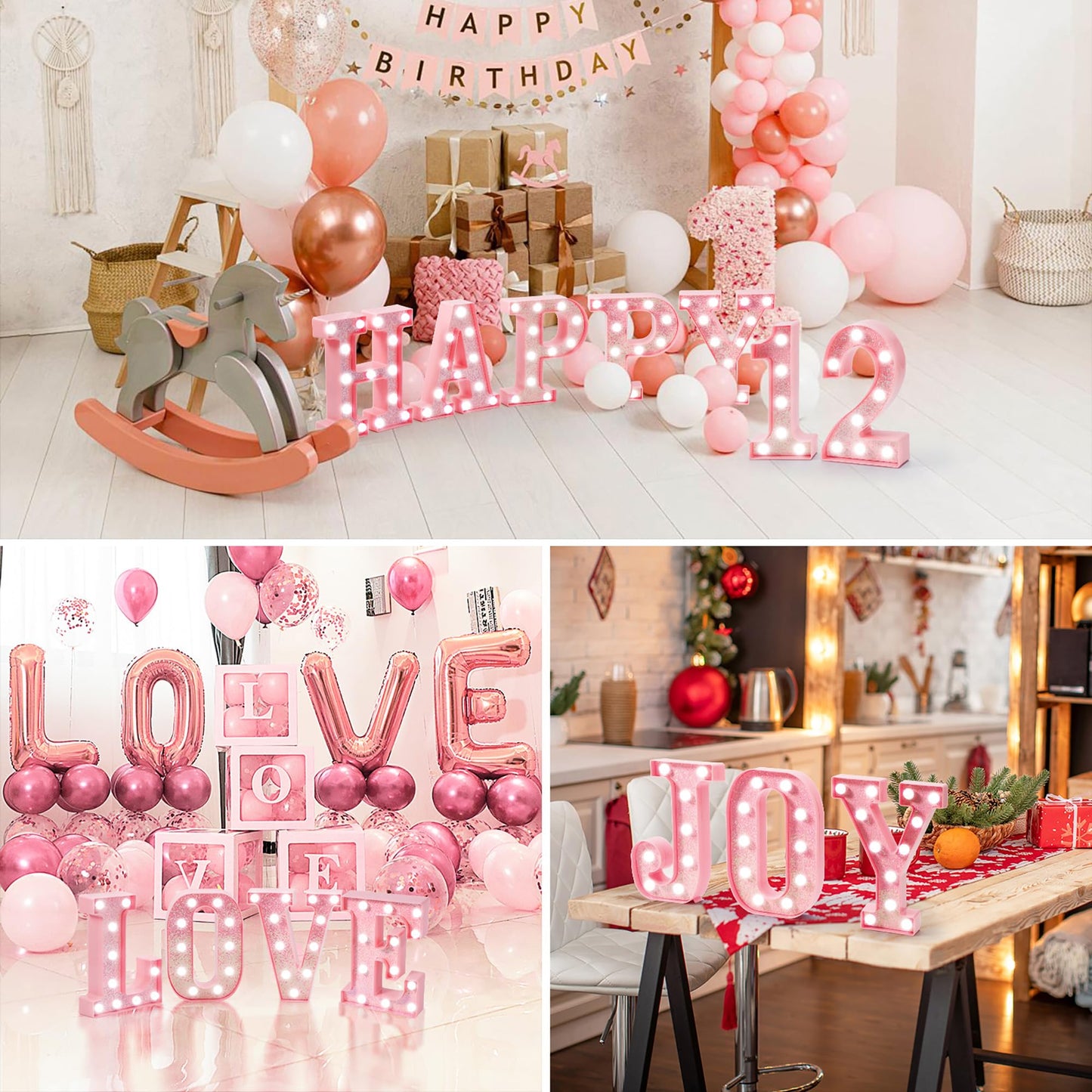 EUFONY Pink LED Marquee Light Up Letters, Glitter Alphabet Letter Lights for Birthday Party Decorations, Battery Operated Letter Signs for Girls Room Table Decor, Pink letter A with Cool White Lights