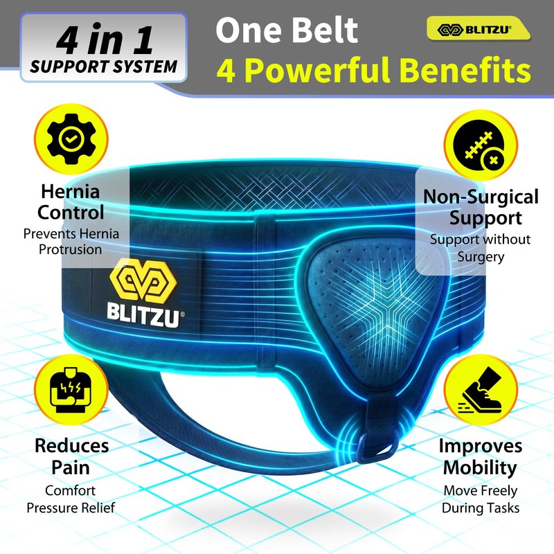 BLITZU Inguinal Hernia Support Belt for Men & Women, Adjustable Left or Right Side Hernia Truss with Removable Compression Pad, Slim Groin Support Belt for Everyday Wear Black S-M
