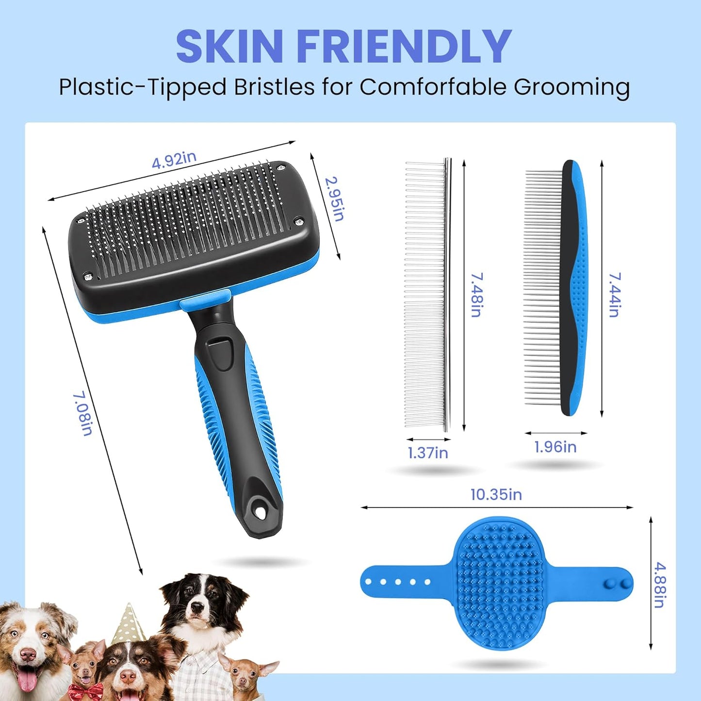 Skiennix Self-Cleaning Shedding Brush - 5-in-1 Professional Grooming Kit for Dogs & Cats | Skin-Friendly, Blue