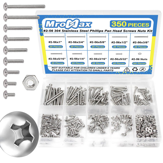 350Pcs #2-56 Phillips Pan Head Machine Screws Assortment Kit 304 Stainless Steel Assorted Nuts and Bolts Fully Machine Thread(#2-56x5/32, 3/16", 1/4", 5/16", 3/8", 1/2", 5/8", 3/4", 1")