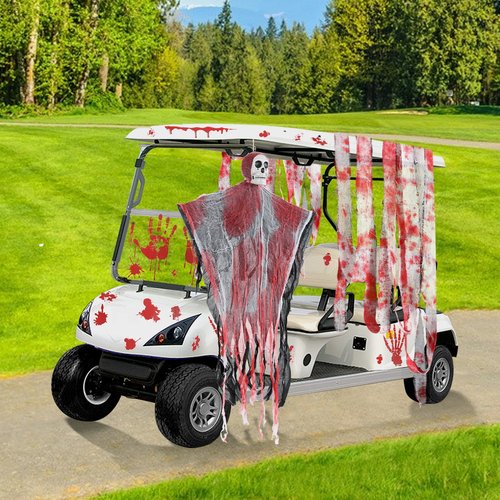 Halloween Golf Cart Decoration Kit Bloody Theme Include Blood Handprint Stickers, Blood-Stained Cloth Strip & Hanging Swing Ghost with Lights for Spool-tacular Rides