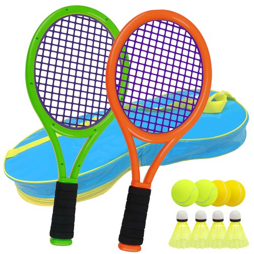 Nileatry Kid Tennis Racket with Bag,Plastic Racquet Include 2 Foam Ball,2 Tennis Ball,4 Badminton for Children,Toddler Outdoor/Indoor Sport Play (Dark Orange&Green)