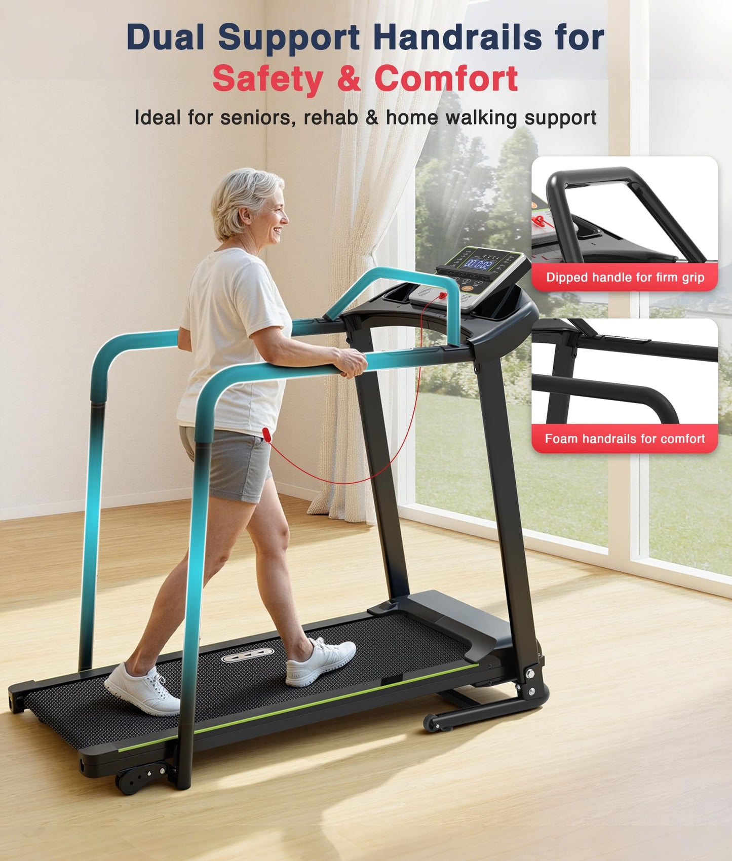 Redliro Treadmill for Seniors - 0.3mph Slow Start,Front & Long Handrails