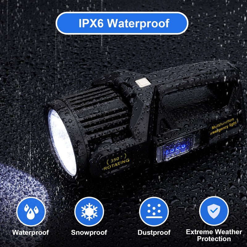 Rechargeable Spotlight Flashlight, Peascat 2,000,000L Lumens LED Handheld Spot Light, 350° Rotatable, 9 Modes, Solar & USB-C Charging, Waterproof, Emergency Flashlight for Camping, Outdoor, Car Repair