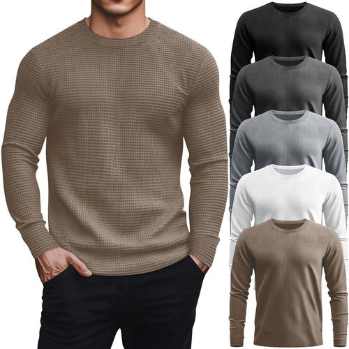 August Alley 5 Pack Thermal Waffle Shirts for Men, Crew Neck Long Sleeve Casual Pullover Underwear Textured Knit Tops(Black, Dark Gray, Gray, White, Coffee,Large)