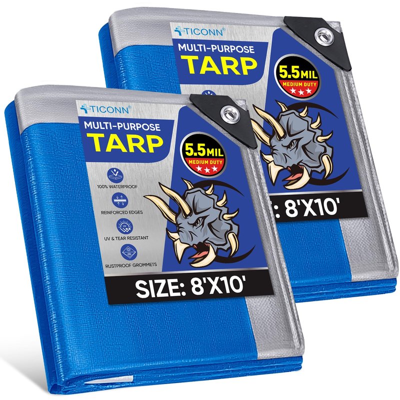 TICONN Heavy Duty Tarp Cover, Extra Thick Tarps Waterproof Tear and Rip Proof UV Resistant Tarpaulin with Reinforced Grommets and Edges (5.5 Mil/2PK, 8'x10')
