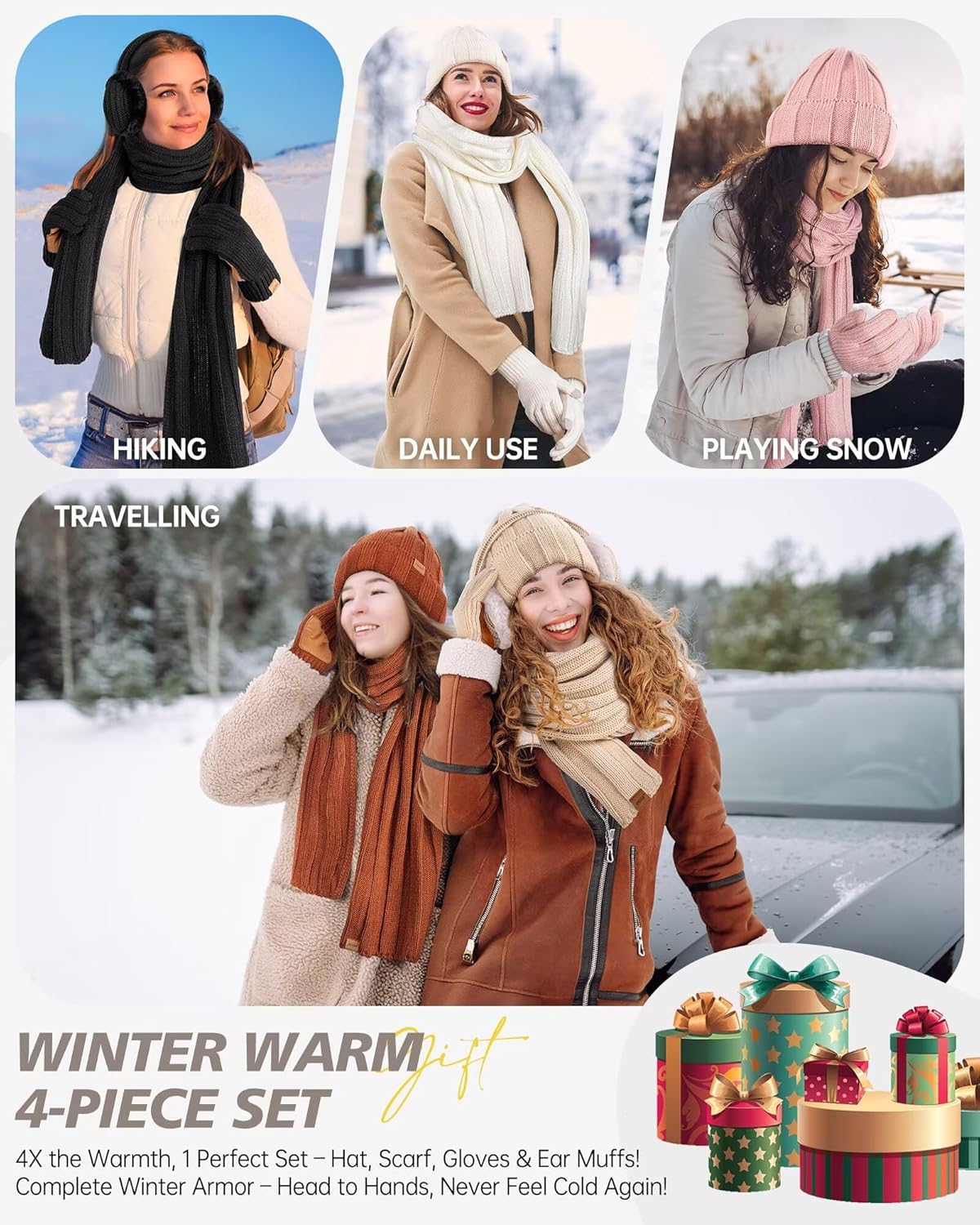 Regine Switzerland Winter Hat, Gloves, Scarf & Earmuffs Set - Fleece Lined, Touchscreen, 4-in-1 Gift
