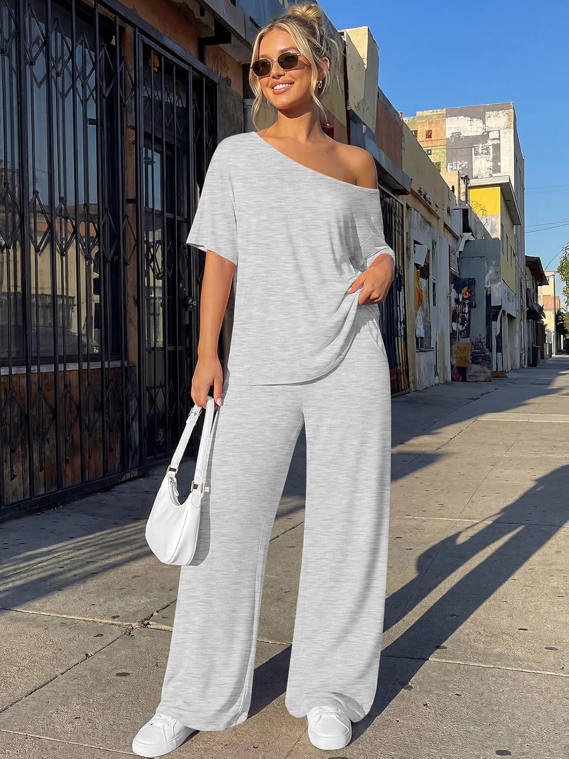 Trendy Queen Women's 2-Piece Lounge Set - Off Shoulder Oversized T-Shirt & Wide Leg Pants | Casual Travel Outfit