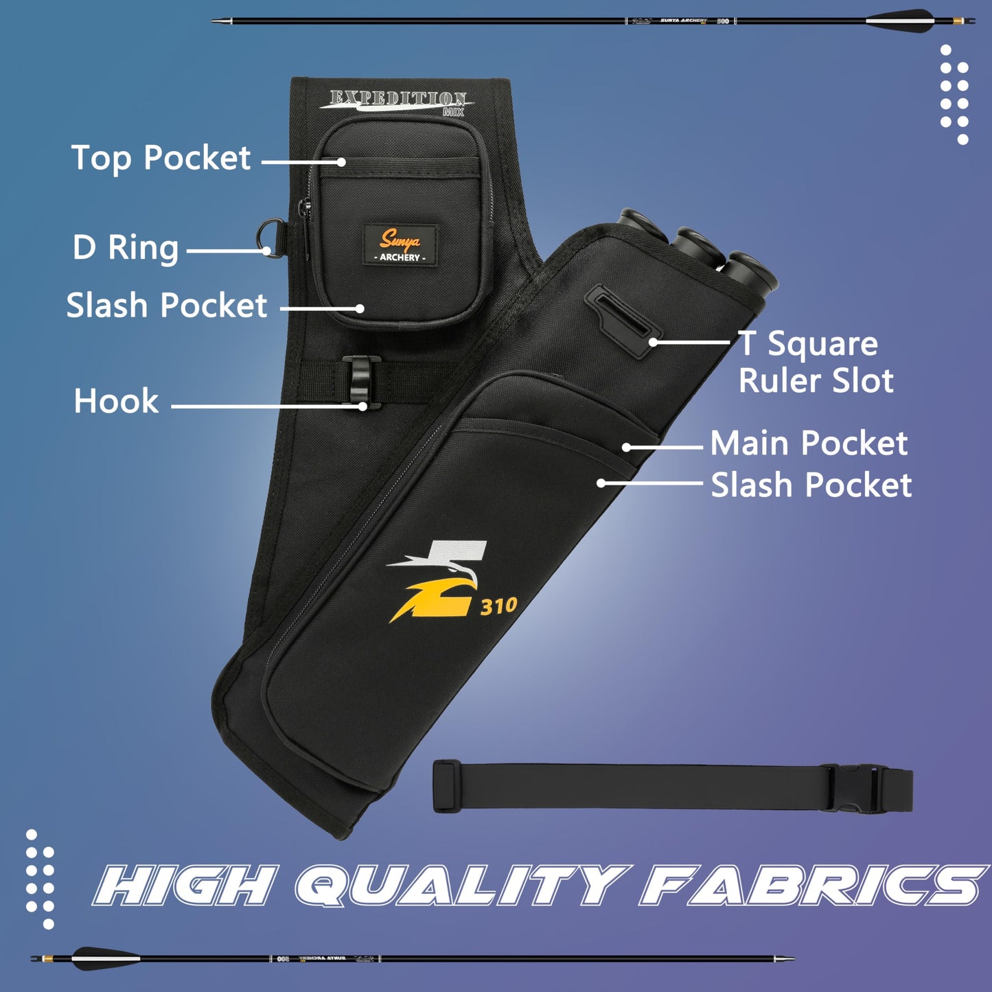 SUNYA Archery Hip Quiver for Arrows. Includes 3 Tubes, Tab and Release Pockets and Nylon Belt. Fit for Target Archery (Black)